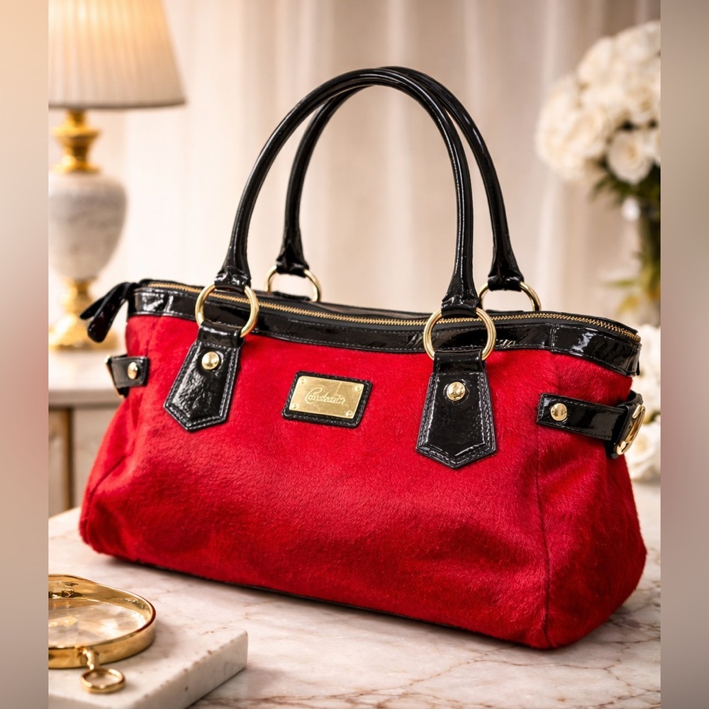 Cavalcanti Italian Genuine Leather Red Calf Hair Satchel Patent Trim Bag